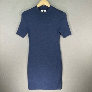 GAP Women Navy Blue Mock Neck Short Sleeve Knit Dress Extra Fine Merino Wool XS
